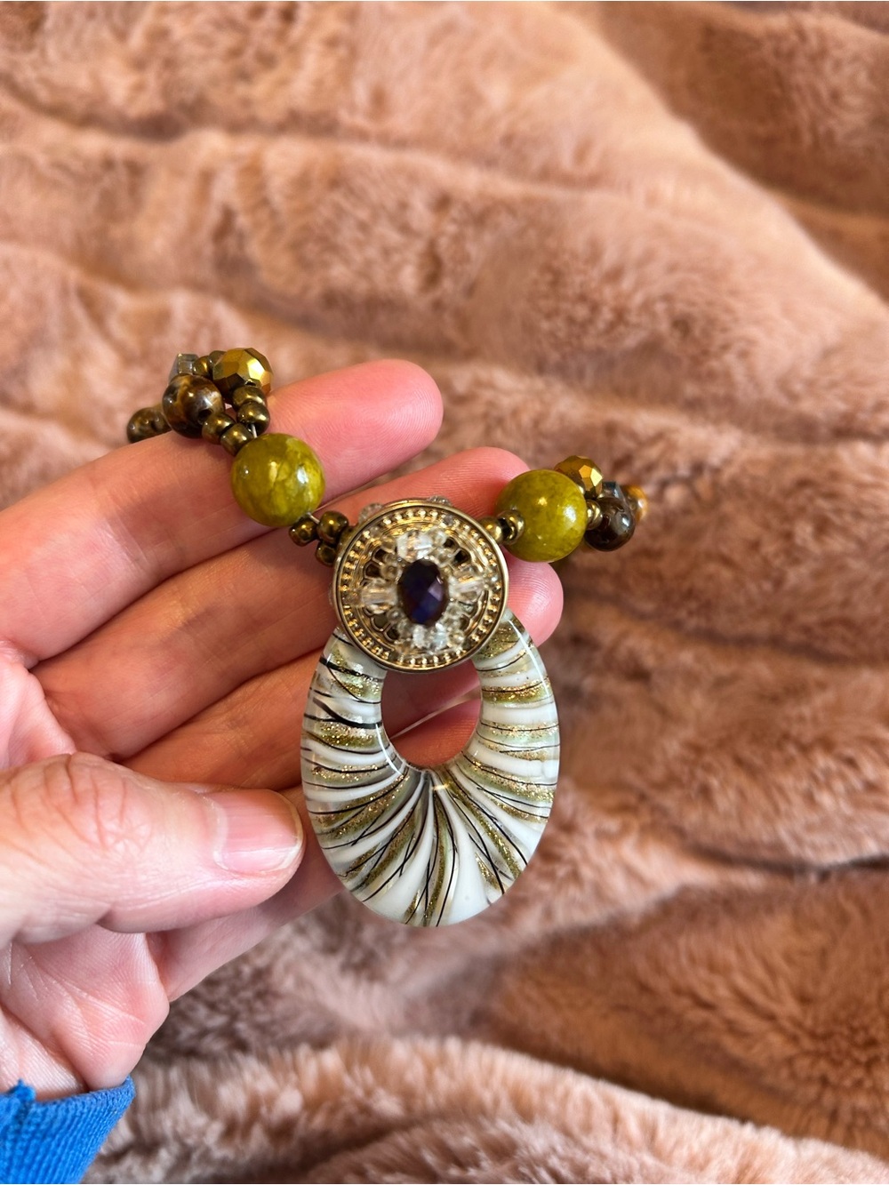 Statement Olive Green and Cream Swirl Pendant Necklace
